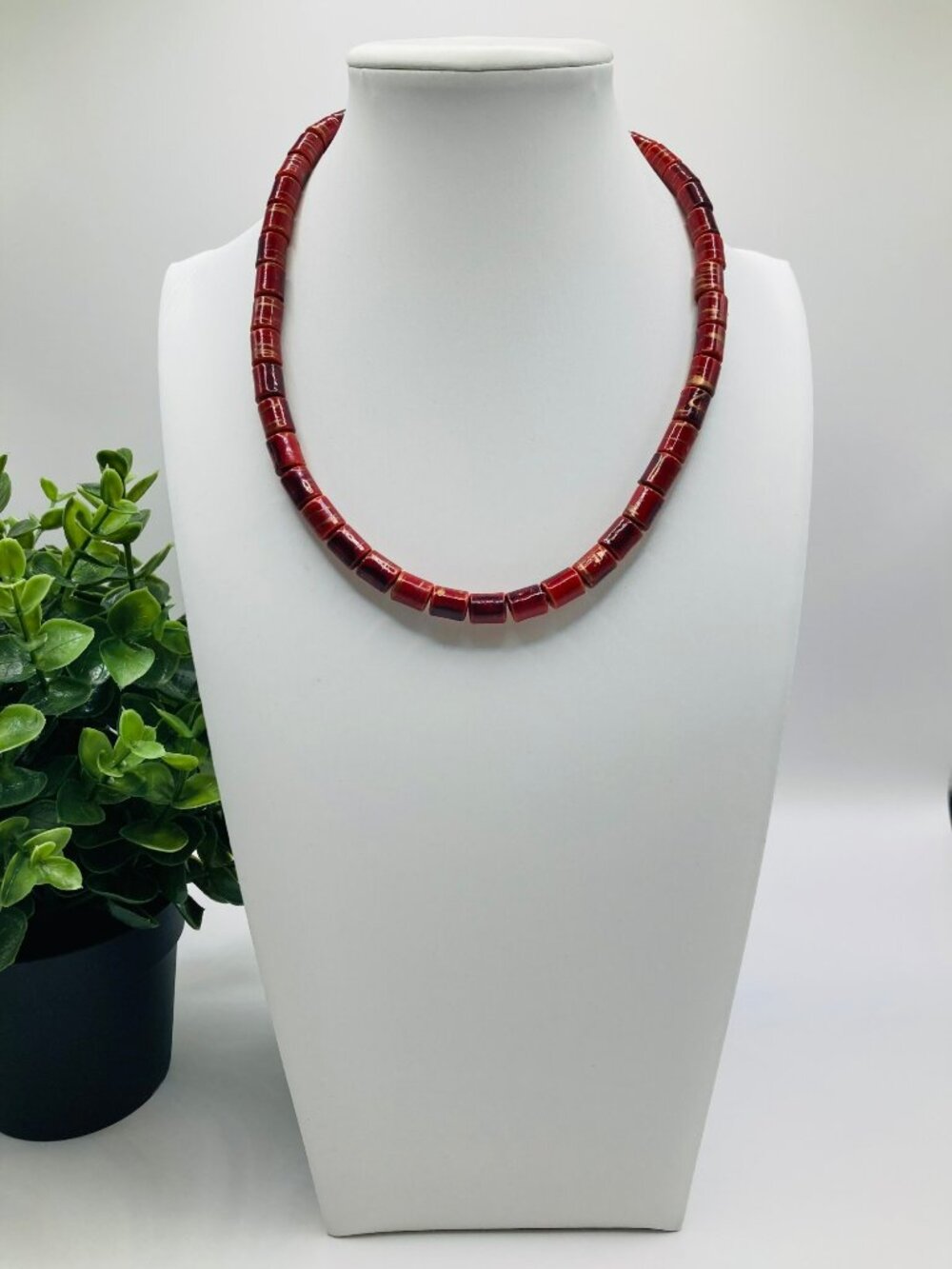 Handcrafted Red Beaded Necklace With Gold Accents & Black Beads -42B
